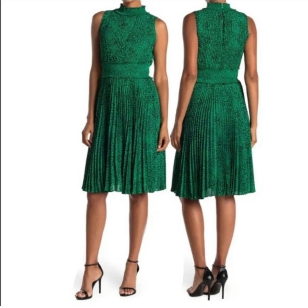 Nanette Lepore Animal Print Pleated Shamrock Green Midi Dress Size 14